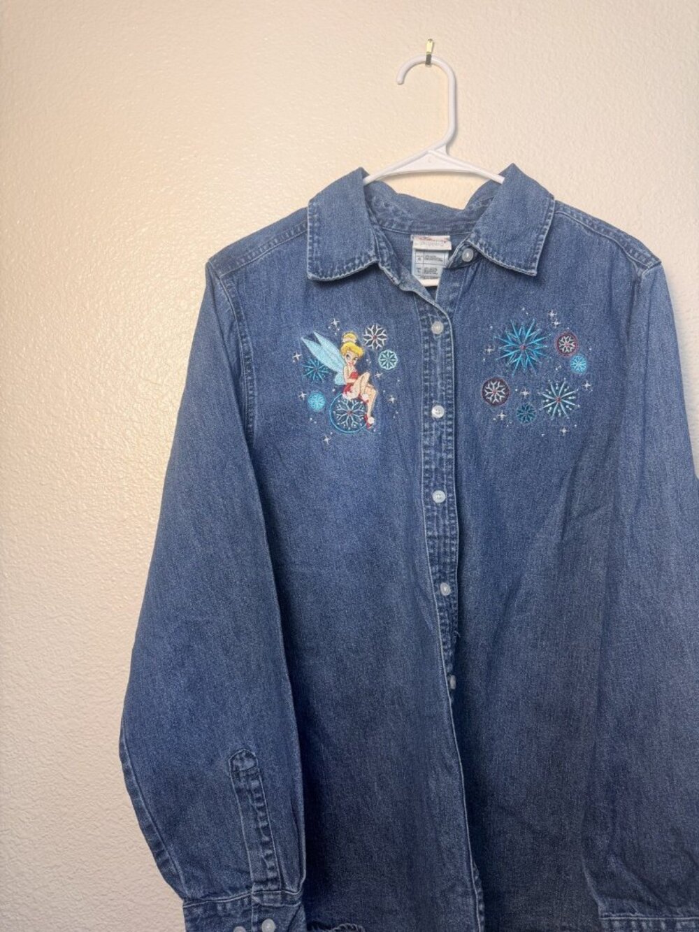 Vintage Disney Shopping Tinker Bell Embroidered Denim Button-Up Shirt Womens L
